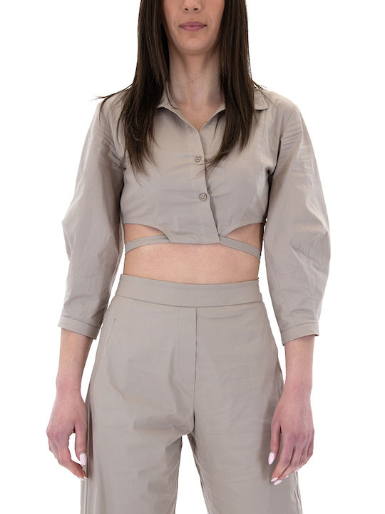 Moutaki Damen Sommerliches Crop Top Baumwolle Langärmelig mit Reißverschluss Beige