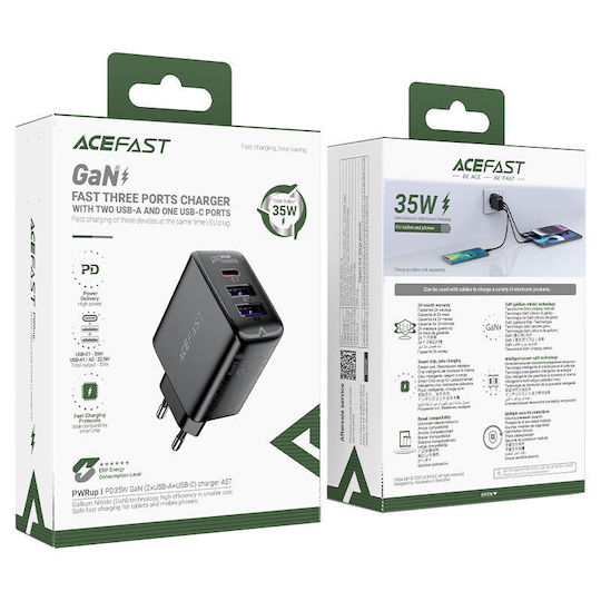 Acefast Φορτιστής Χωρίς Καλώδιο GaN με 2 Θύρες USB-A και Θύρα USB-C 35W Power Delivery / Quick Charge 2.0 / Quick Charge 3.0 / Quick Charge 4+ Μαύρος (A57)