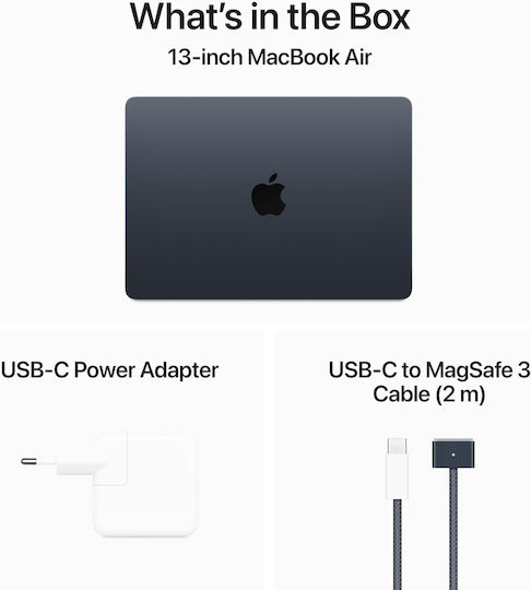 Apple MacBook Air 13" (2024) 13.6" Retina Display (M3-8-Core/8GB/256GB SSD/8-Core GPU) με Φορτιστή 30W Midnight (GR Keyboard)
