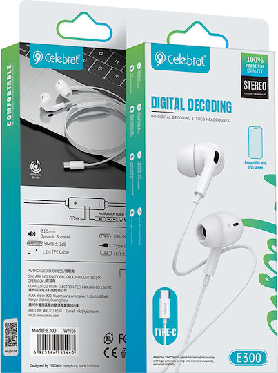 Celebrat E300 In-ear Handsfree Headphones with Connector USB-C White