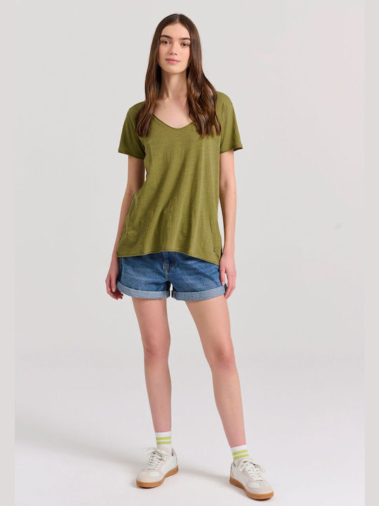 Funky Buddha Women's T-shirt with V Neckline Olive Branch Green