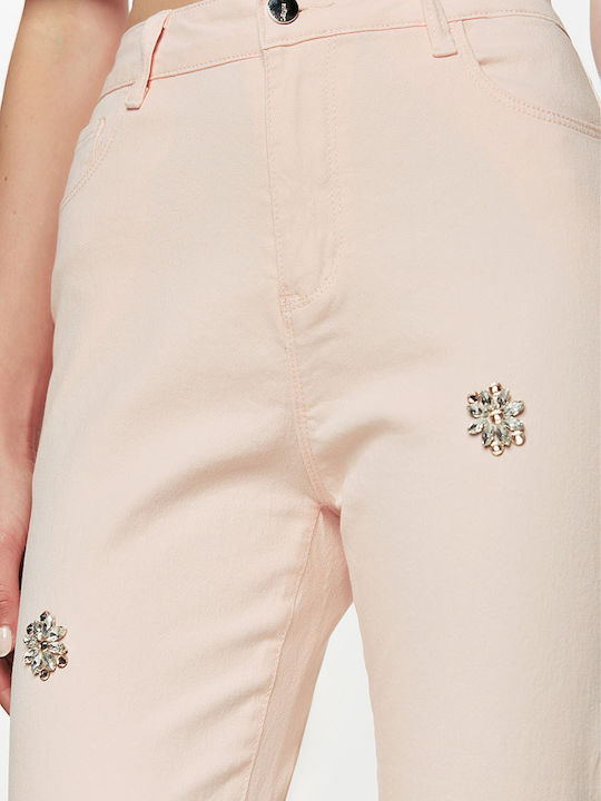 Pink Jeans with Rhinestone Flowers