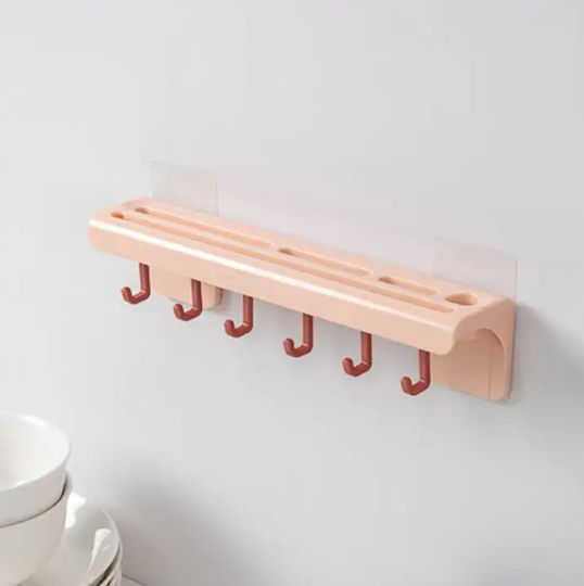 Self-adhesive Wall Holder For Kitchen Utensils, Zola®, 6 Hooks, 25.7x6x5.5 Cm, Pink