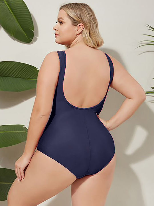 One-piece Blue Swimsuit With Striped Design On Bust