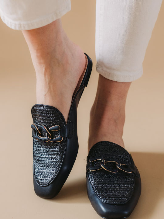 Flat Mules Με Ψάθα Και Διακοσμητική Αλυσίδα 330.f352-l Μαυρο