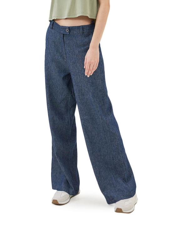 Namaste Women's High Waist Linen Trousers in Wide Line Blue