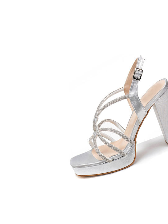 Beatris Silver Satin Sandals with Crossover Strass Straps