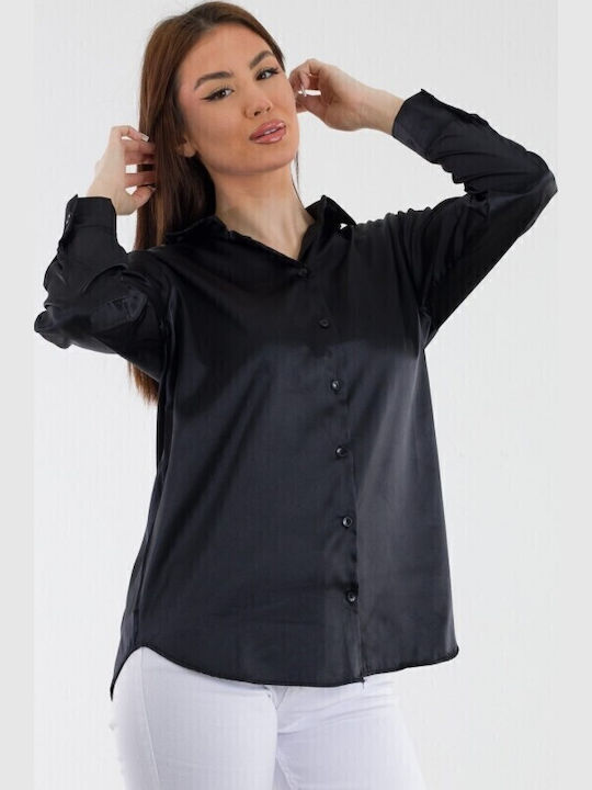 Cămașă din satin pentru femei - Negru 15249