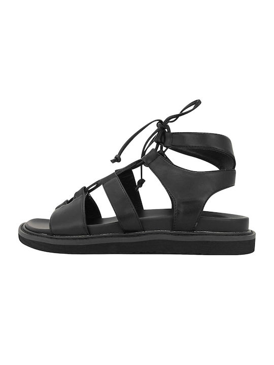 Envie Shoes Leather Women's Flat Sandals in Black Color