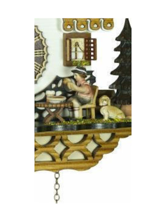 Cuckoo Clock With Handmade Alpine House Show, with dancers, man eating, dog, water mill with movement, music and pendants.