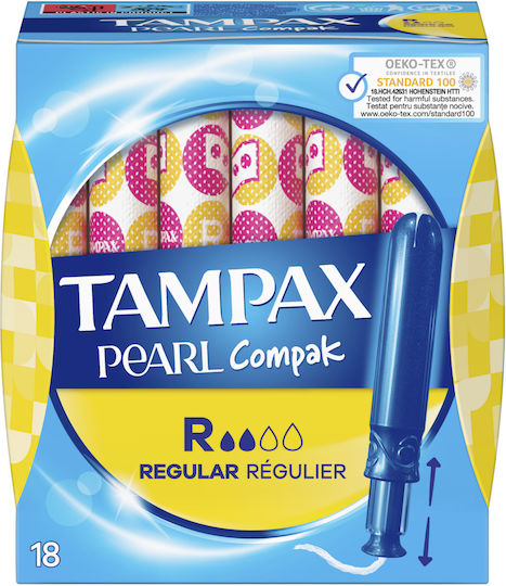 Tampoane Tampax Regular Compak Pearl cu Aplicator pentru Flux Normal 72 Bucăți [4 Pachete X 18 Bucăți]