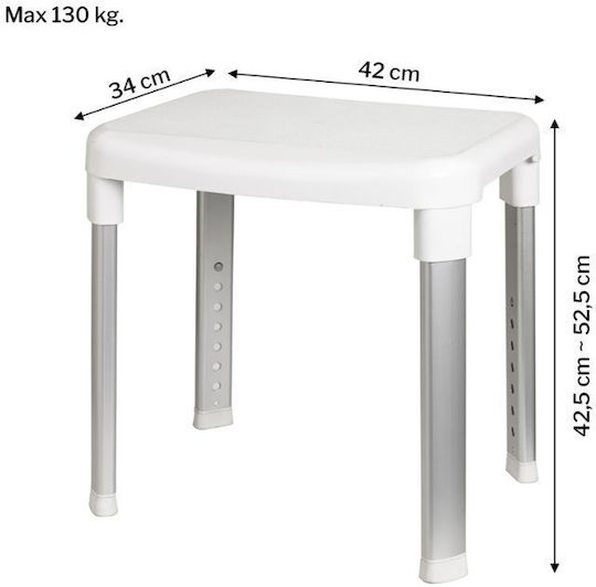 Shower Chair 34x42x42 cm with Adjustable Height Max Capacity 130kg Weight 3.2kg Aluminum-Plastic White