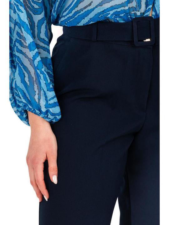 Damen Hoch tailliert Stoff Hose Schlag Blue