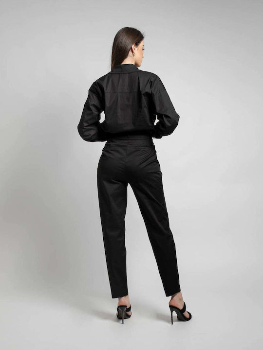 Dama Talie înaltă Tesatura Pantaloni cu Croială Carrot Black