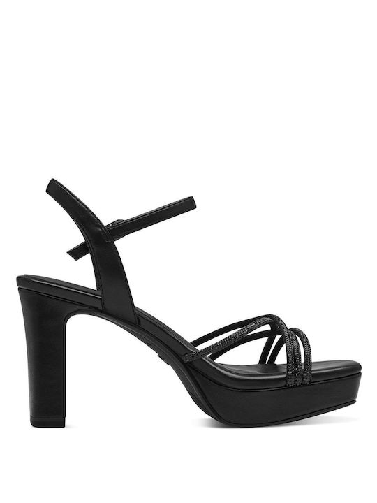 Tamaris Fabric Women's Sandals Black with High Heel
