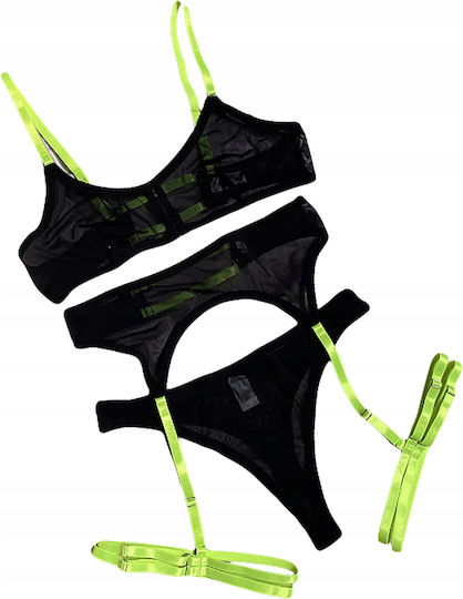 Sexy Women's Lingerie Set Sensual Bra Belt Black And Green R.l