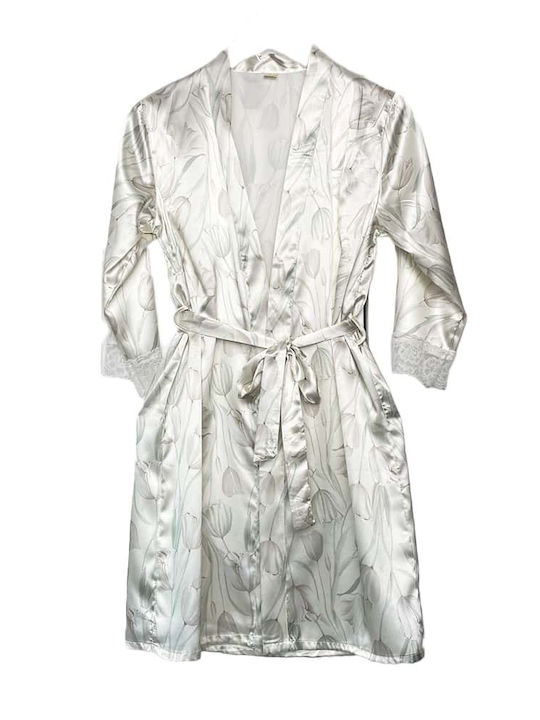 Women's Satin Pajama Nightgown and Floral Floral Slim Fit Set, Ecru