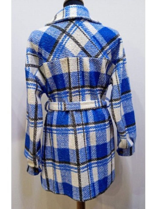 New Collection Women's Checked Midi Coat with Buttons Blue