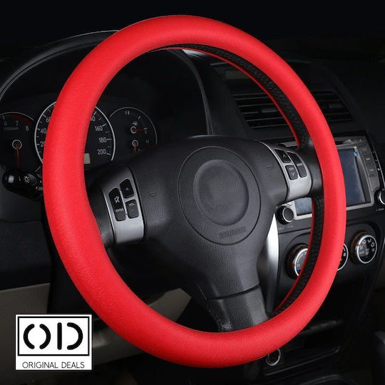 Husă Volan Auto cu Diametru 33-40cm Silicon Roșu cu Cusătură Roșie