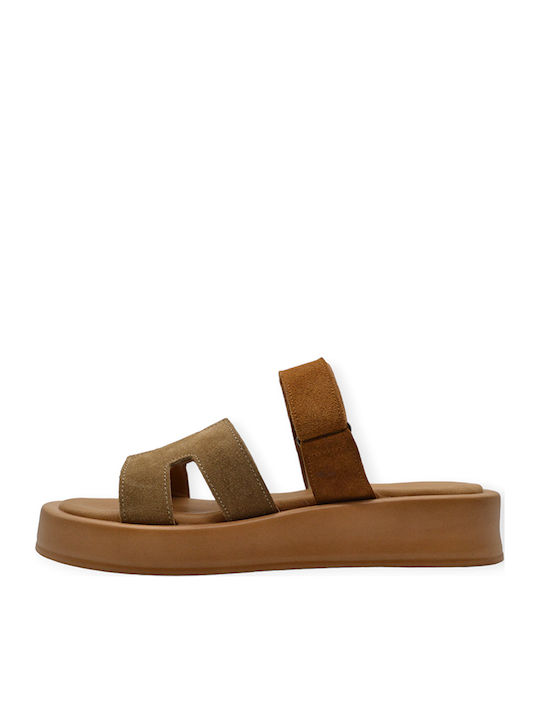 Leather Women's Flat Sandals in Tabac Brown Color