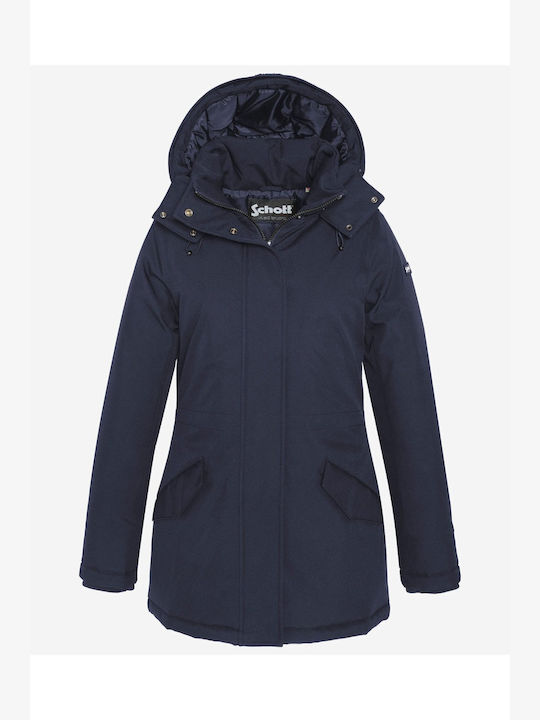 Schott Μακρύ Γυναικείο Puffer Μπουφάν για Χειμώνα Navy