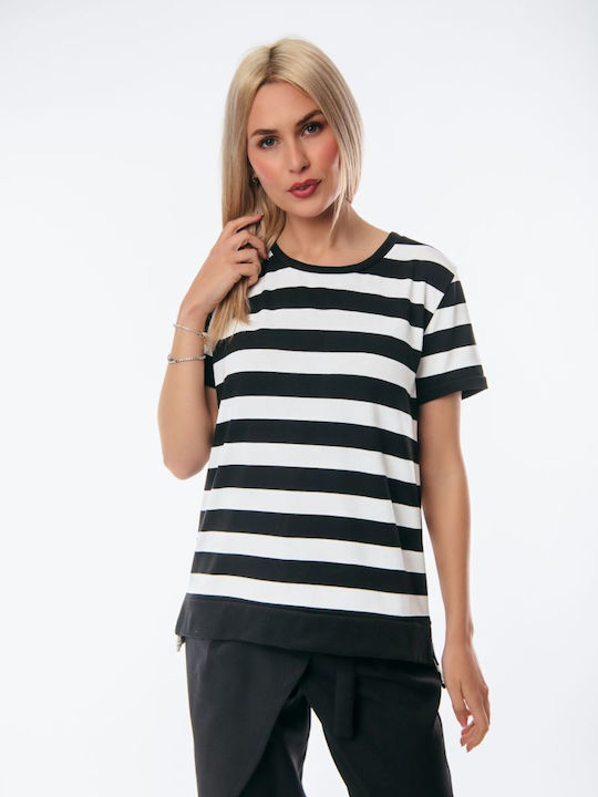 Boutique Women's Summer Blouse Short Sleeve Striped Black