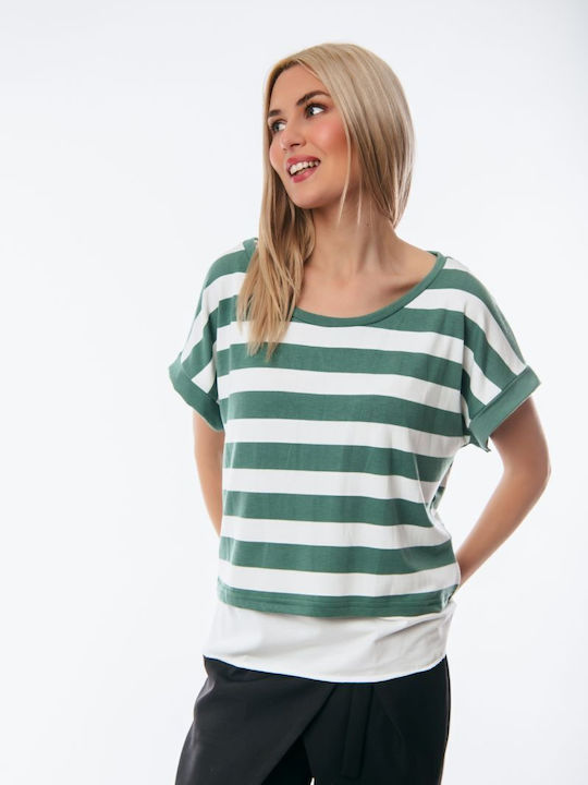 Boutique Women's Summer Blouse Short Sleeve Striped Green