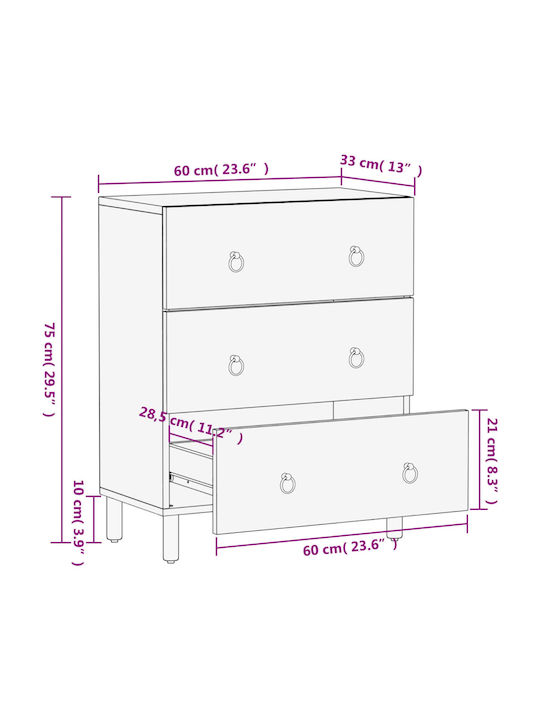 Cabinet Storage Made of Metal & Wood with 3 Drawers L60xW33xH75cm