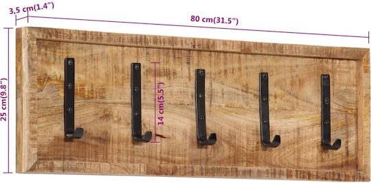 vidaXL Wooden Wall Hanger 5 Hooks Brown 80x5.5x25cm
