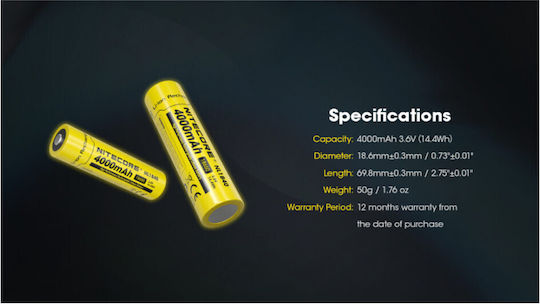 NiteCore Επαναφορτιζόμενη Μπαταρία 18650 4000mAh 3.6V 1τμχ
