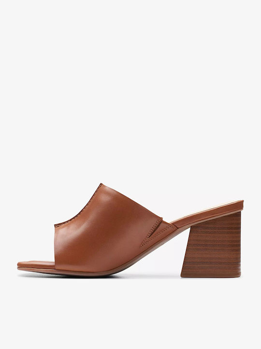 Siara65 Band Tan Leather Leather Mules with Chunky High Heel in Tabac Brown Color