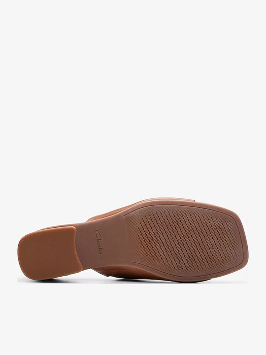 Siara65 Band Tan Leather Leather Mules with Chunky High Heel in Tabac Brown Color