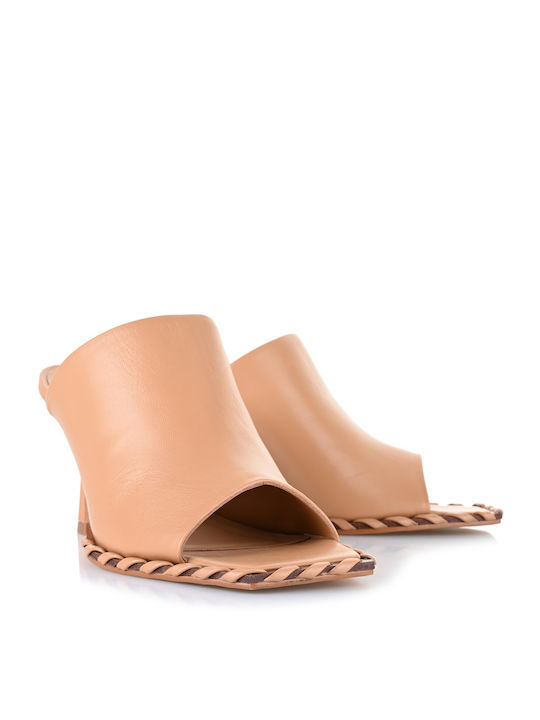 Carrano Heel Leather Mules Beige