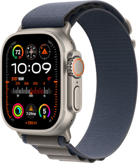 Apple Watch Ultra 2 Titanium 49mm Αδιάβροχο με eSIM και Παλμογράφο (Blue Alpine Loop - Small)