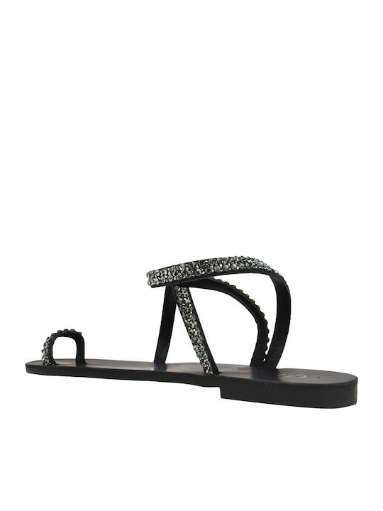 Leather Women's Flat Sandals in Black Color