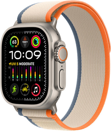 Apple Watch Ultra 2 Titanium 49mm Αδιάβροχο με eSIM και Παλμογράφο (Orange/Beige Trail Loop - S/M)
