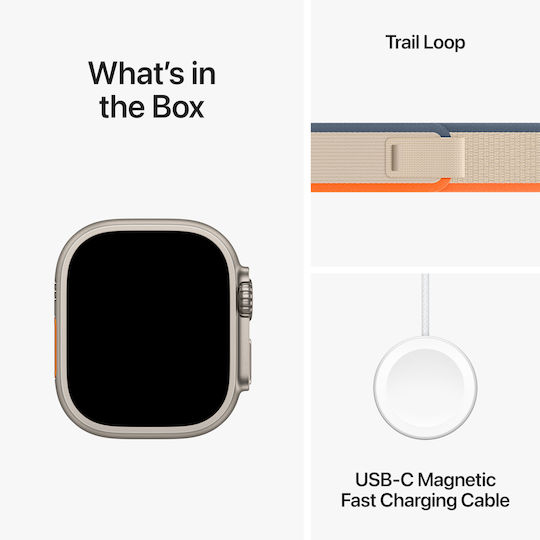 Apple Watch Ultra 2 Titanium 49mm Αδιάβροχο με eSIM και Παλμογράφο (Orange/Beige Trail Loop - S/M)