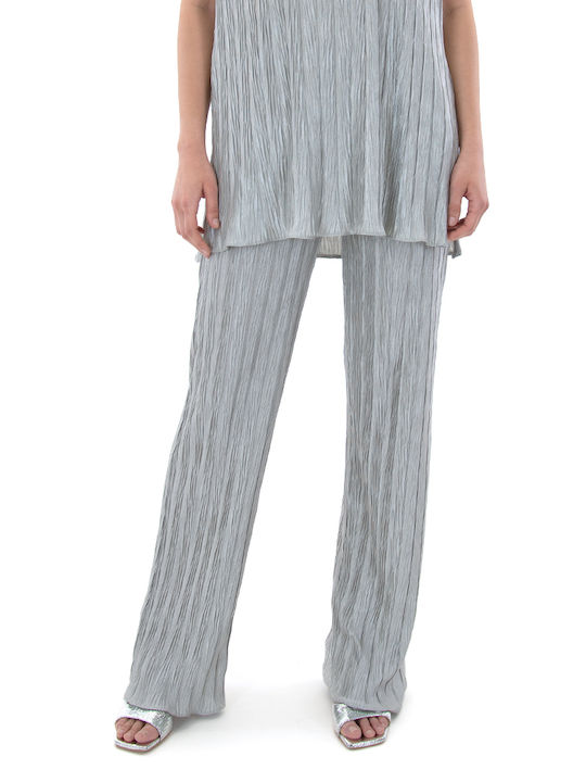 MY T Women's High-waisted Fabric Trousers with Elastic in Straight Line Silver