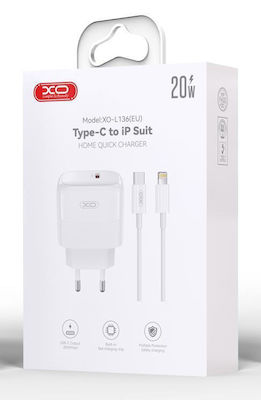 XO Charger with USB-C port and USB-C - Lightning Cable 20W Power Delivery in White Colour (L136)