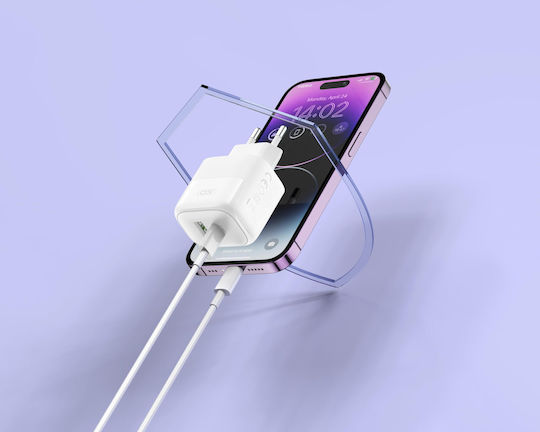 XO Charger with USB-A Port and USB-C Port and Cable USB-C - Lightning 20W Power Delivery Whites (L137)