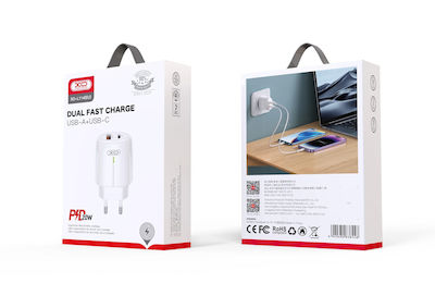 XO Charger Without Cable with USB-A Port and USB-C Port 20W Power Delivery Whites (L114)