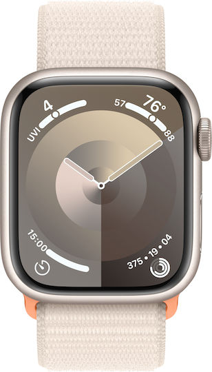 Apple Watch Series 9 Aluminium 41mm Waterproof with Heart Rate Monitor (Starlight with Starlight Sport Loop)