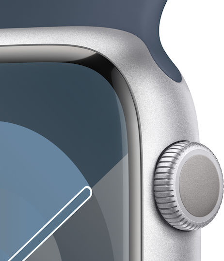 Apple Watch Series 9 Aluminium 45mm Waterproof with Heart Rate Monitor (Silver with Storm Blue Sport Band - S/M)