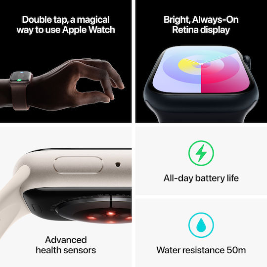 Apple Watch Series 9 Aluminum 45mm Waterproof with Heart Rate Monitor Midnight with Midnight Sport Band S/M