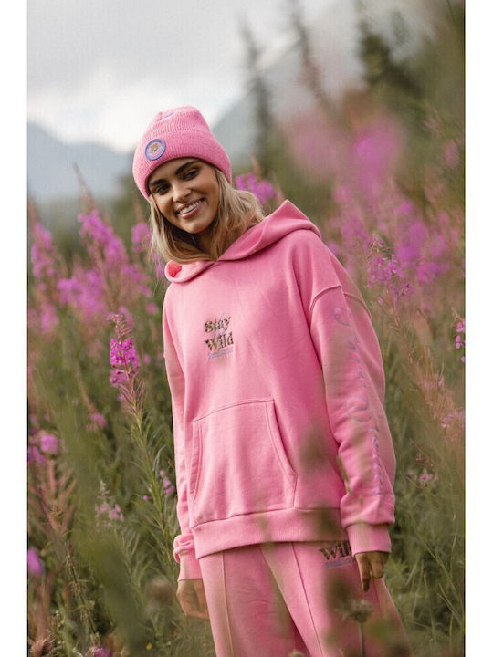 Μακρύ Γυναικείο Φούτερ με Κουκούλα Pink