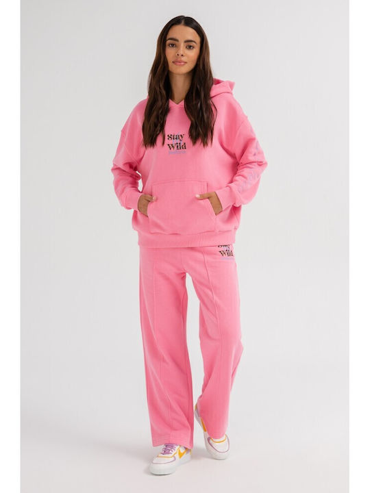 Μακρύ Γυναικείο Φούτερ με Κουκούλα Pink