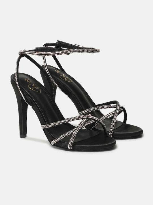 Heeled Sandals with Thin Heel and Strass Straps in Black