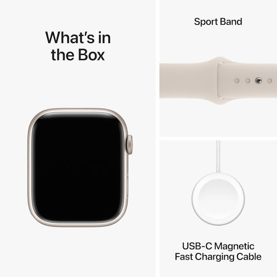 Apple Watch Series 9 Aluminum 45mm Waterproof with Heart Rate Monitor (Starlight with Starlight Sport Band - M/L)