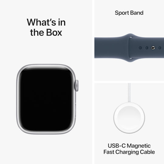 Apple Watch Series 9 Aluminium 45mm Waterproof with Heart Rate Monitor (Silver with Storm Blue Sport Band - M/L)