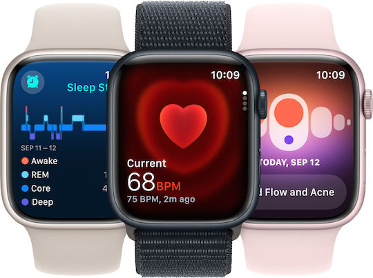 Apple Watch Series 9 Aluminiu 41mm Waterproof cu Pulsometru (Midnight cu Curea Sport Midnight - M/L)